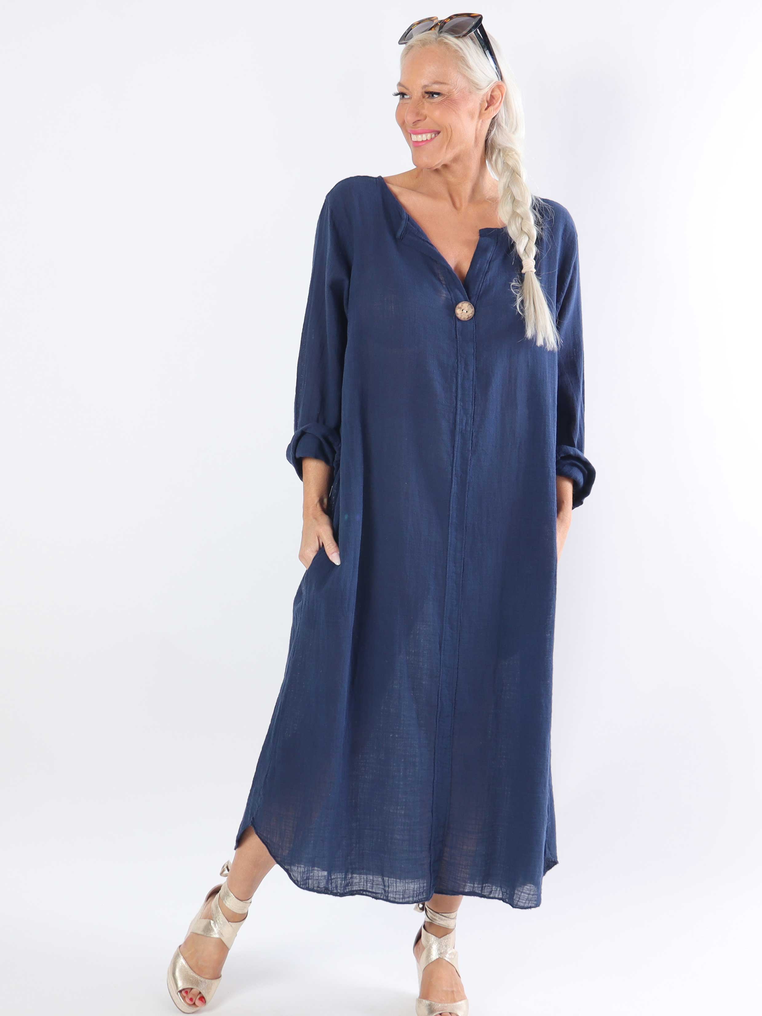 Arizona - Lang plus size bomuldskjole i hørlignende stof